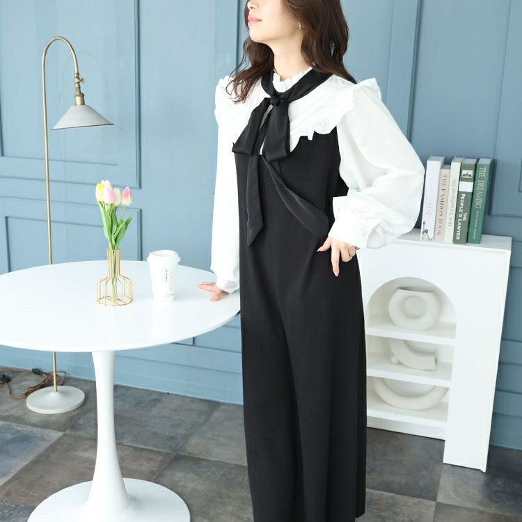 大きいサイズ レディース ボウタイ付き胸フリルブラウスドッキングワンピース　jps032