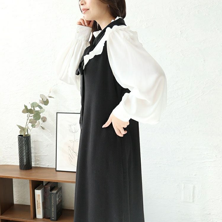 大きいサイズ レディース ボウタイ付き胸フリルブラウスドッキングワンピース　jps032