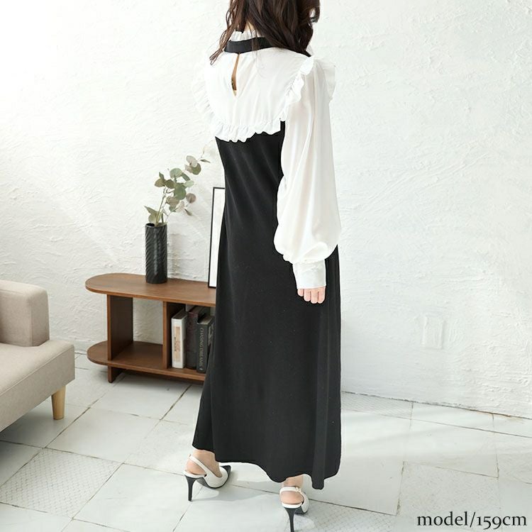 大きいサイズ レディース ボウタイ付き胸フリルブラウスドッキングワンピース　jps032