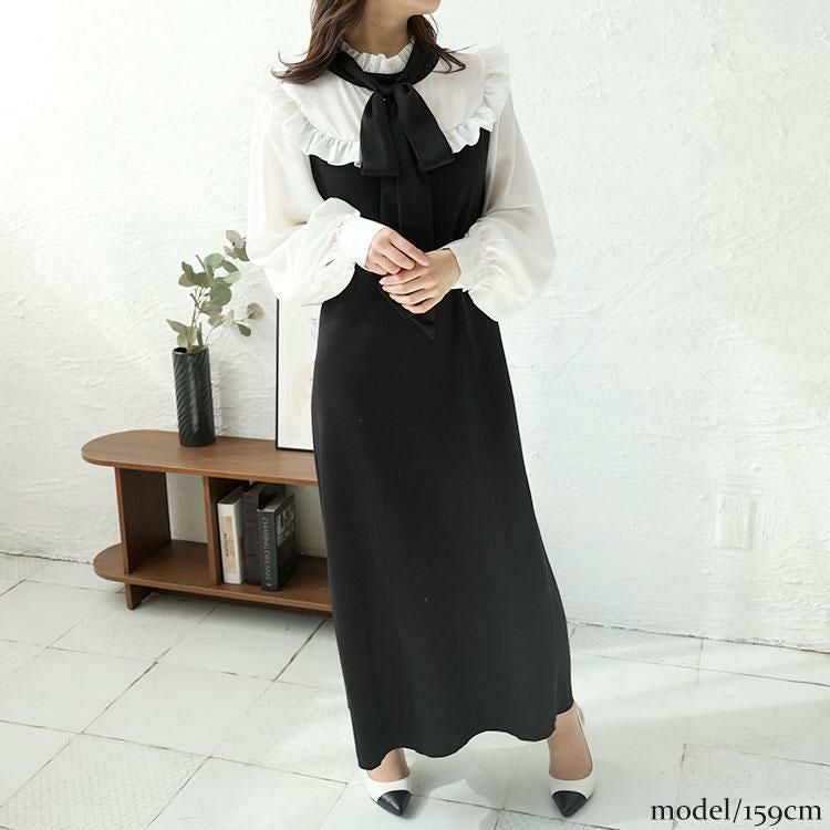 大きいサイズ レディース ボウタイ付き胸フリルブラウスドッキングワンピース　jps032 ブラック