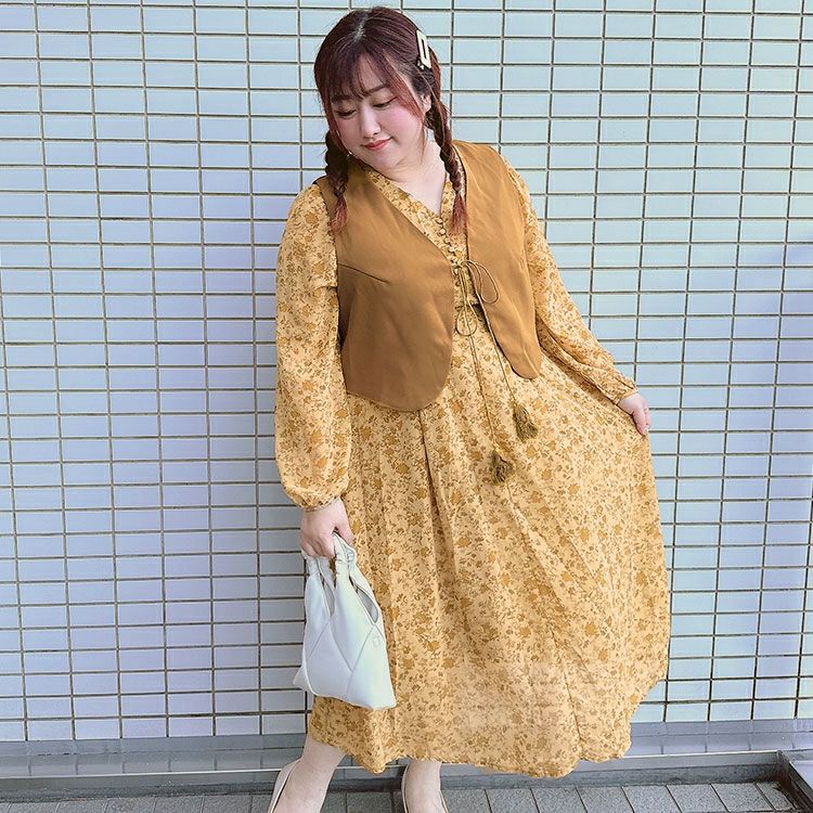 大きいサイズ レディース ショート丈ベスト＆花柄ワンピースセット　goldy-1442