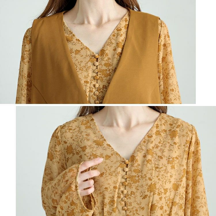 大きいサイズ レディース ショート丈ベスト＆花柄ワンピースセット　goldy-1442