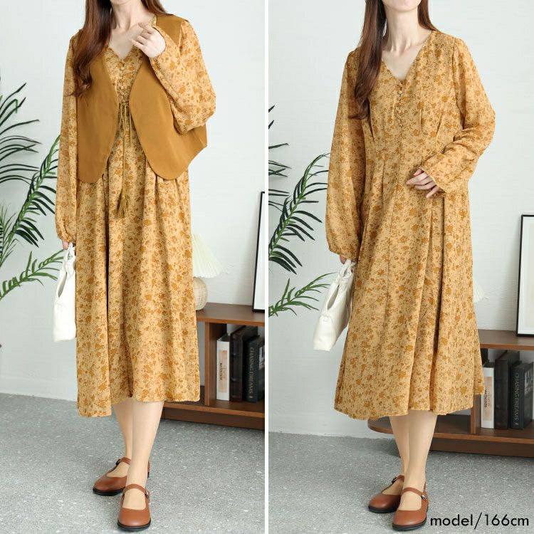 大きいサイズ レディース ショート丈ベスト＆花柄ワンピースセット　goldy-1442