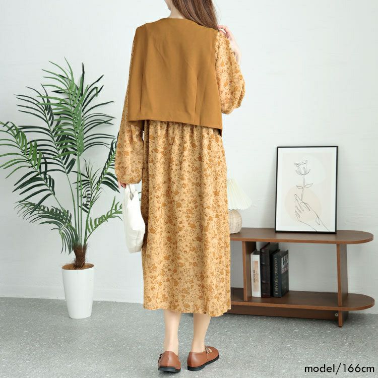 大きいサイズ レディース ショート丈ベスト＆花柄ワンピースセット　goldy-1442