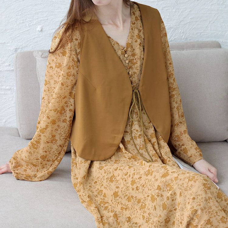 大きいサイズ レディース ショート丈ベスト＆花柄ワンピースセット　goldy-1442