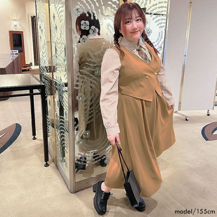 大きいサイズ レディース ネクタイ付きレイヤード風ワンピース　goldy-1439