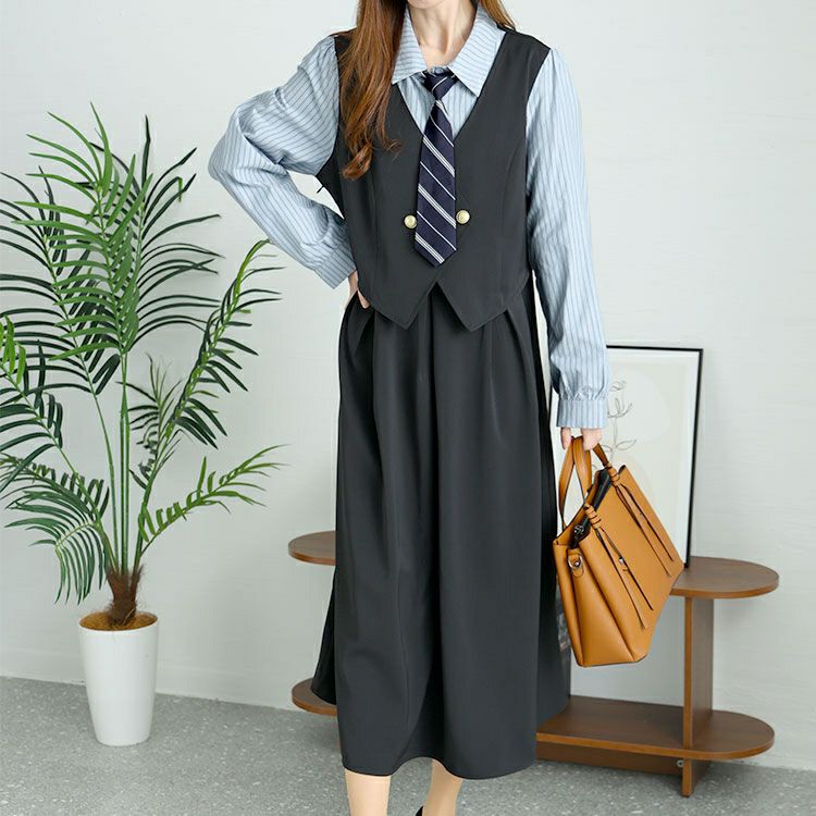 大きいサイズ レディース ネクタイ付きレイヤード風ワンピース　goldy-1439