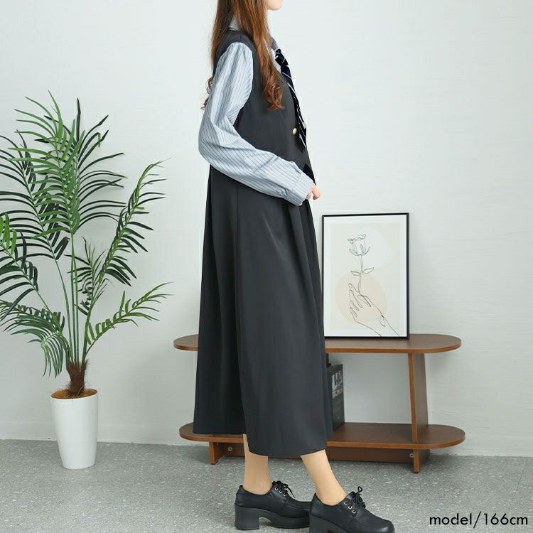 大きいサイズ レディース ネクタイ付きレイヤード風ワンピース　goldy-1439