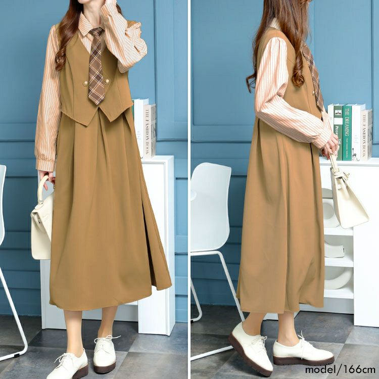 大きいサイズ レディース ネクタイ付きレイヤード風ワンピース　goldy-1439