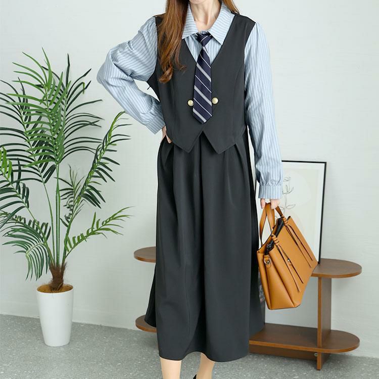 大きいサイズ レディース ネクタイ付きレイヤード風ワンピース　goldy-1439 ブラック