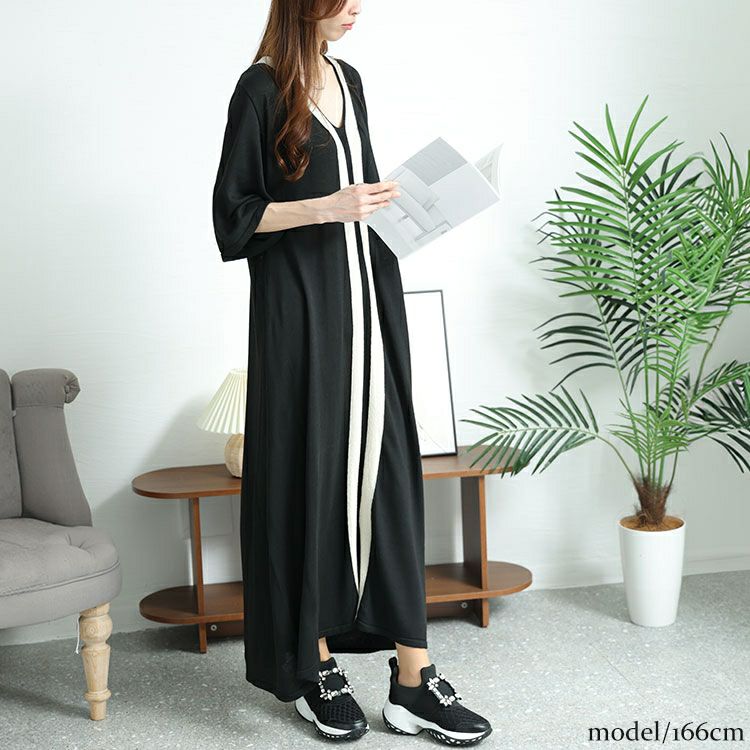 大きいサイズ レディース Vネックラインニットロングワンピース　bro-0040