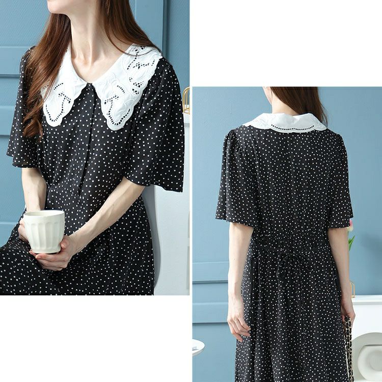 大きいサイズ レディース レース襟ドット柄ワンピース　bro-0034