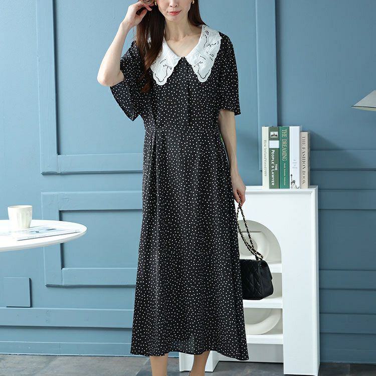 大きいサイズ レディース レース襟ドット柄ワンピース　bro-0034