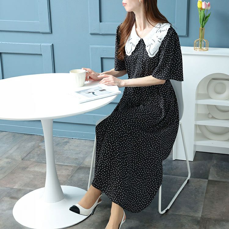 大きいサイズ レディース レース襟ドット柄ワンピース　bro-0034