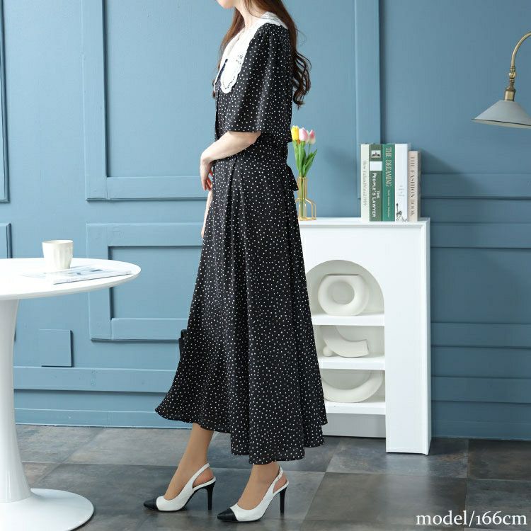 大きいサイズ レディース レース襟ドット柄ワンピース　bro-0034