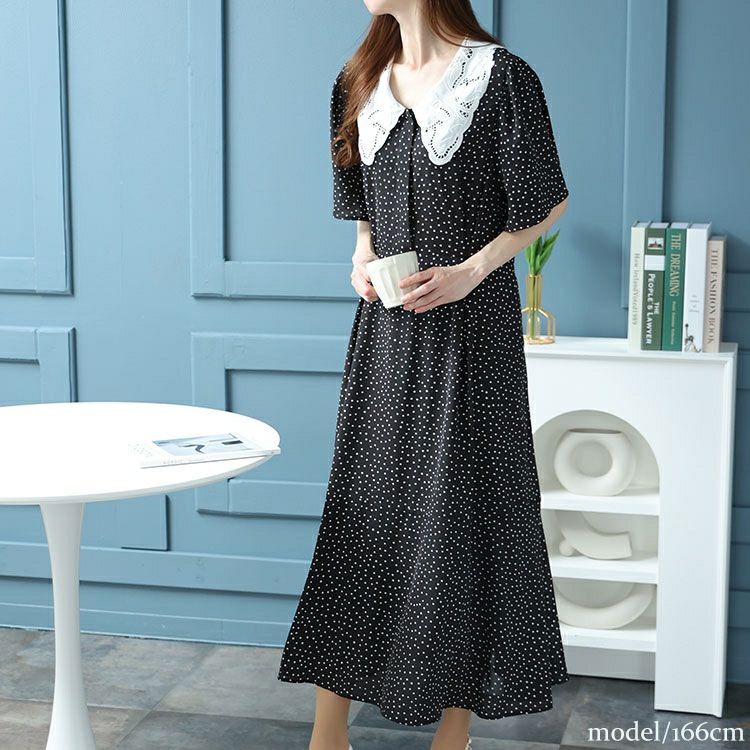 大きいサイズ レディース レース襟ドット柄ワンピース　bro-0034