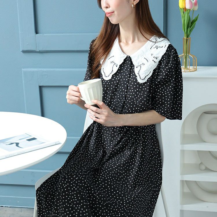 大きいサイズ レディース レース襟ドット柄ワンピース　bro-0034