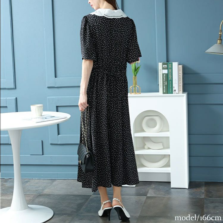 大きいサイズ レディース レース襟ドット柄ワンピース　bro-0034