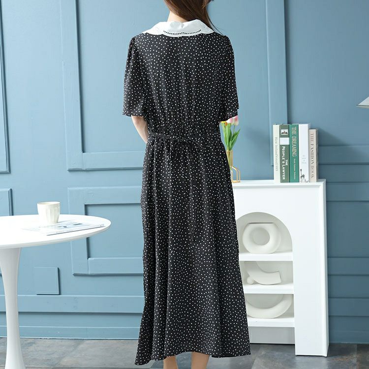 大きいサイズ レディース レース襟ドット柄ワンピース　bro-0034