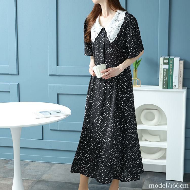 大きいサイズ レディース レース襟ドット柄ワンピース　bro-0034 ドット