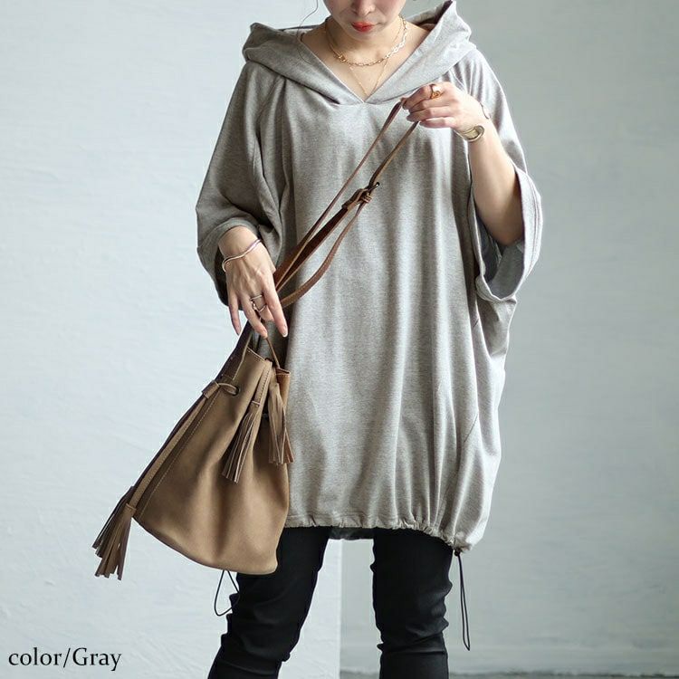 大きいサイズ レディース 裾ドロストラグランパーカーチュニック　bai-0148