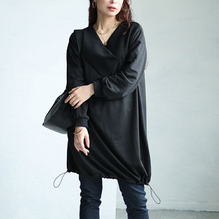 大きいサイズ レディース 裾ドローコードVネックチュニック bai-0146
