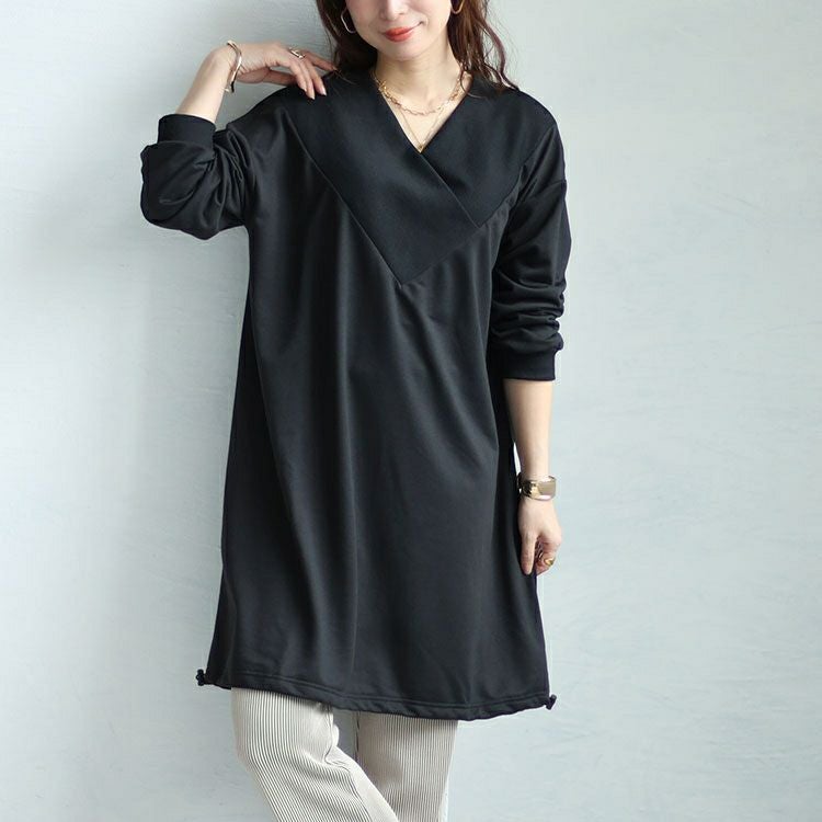 大きいサイズ レディース 裾ドローコードVネックチュニック bai-0146