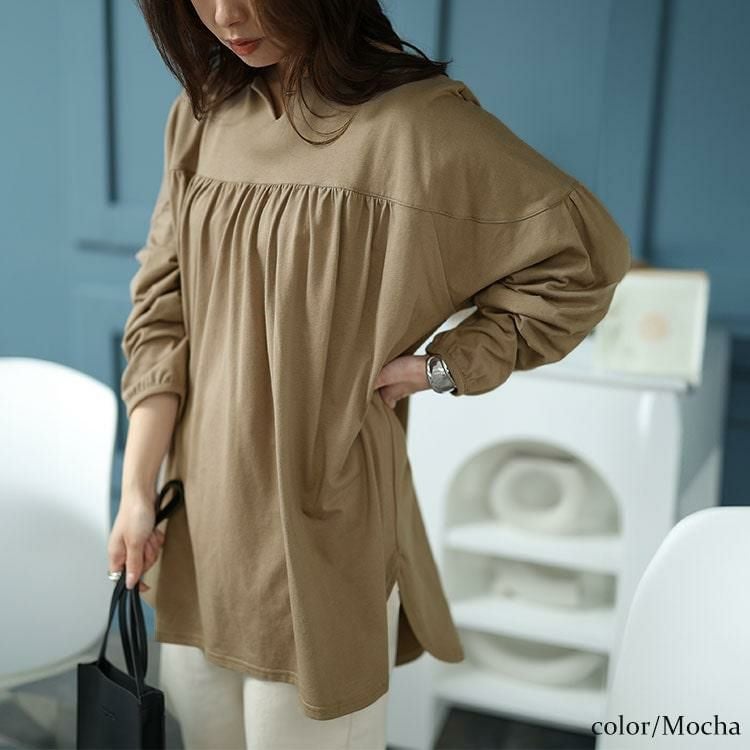 大きいサイズ レディース 切替えギャザープルオーバー　bai-0145 モカ