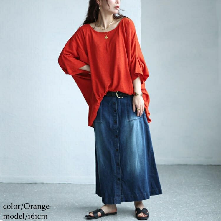 大きいサイズ レディース ワイドドルマン七分袖スラブカットソー　sw-0605