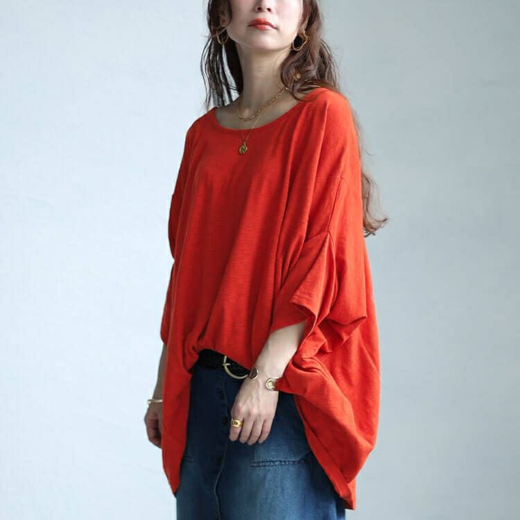 大きいサイズ レディース ワイドドルマン七分袖スラブカットソー　sw-0605