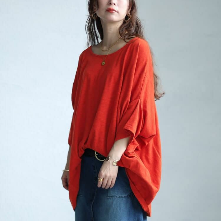 大きいサイズ レディース ワイドドルマン七分袖スラブカットソー　sw-0605 オレンジ
