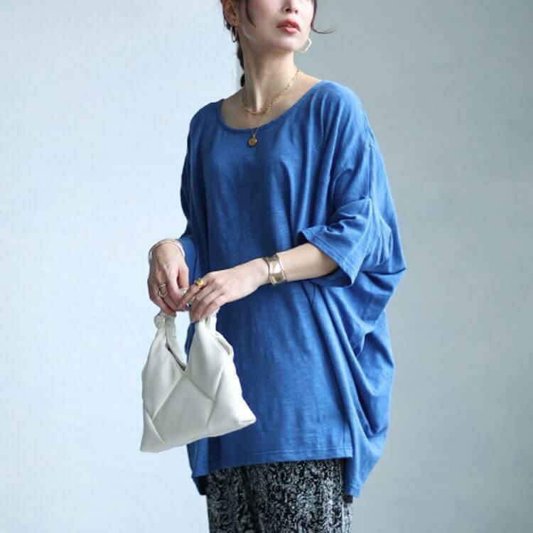 大きいサイズ レディース ワイドドルマン七分袖スラブカットソー　sw-0605 ブルー