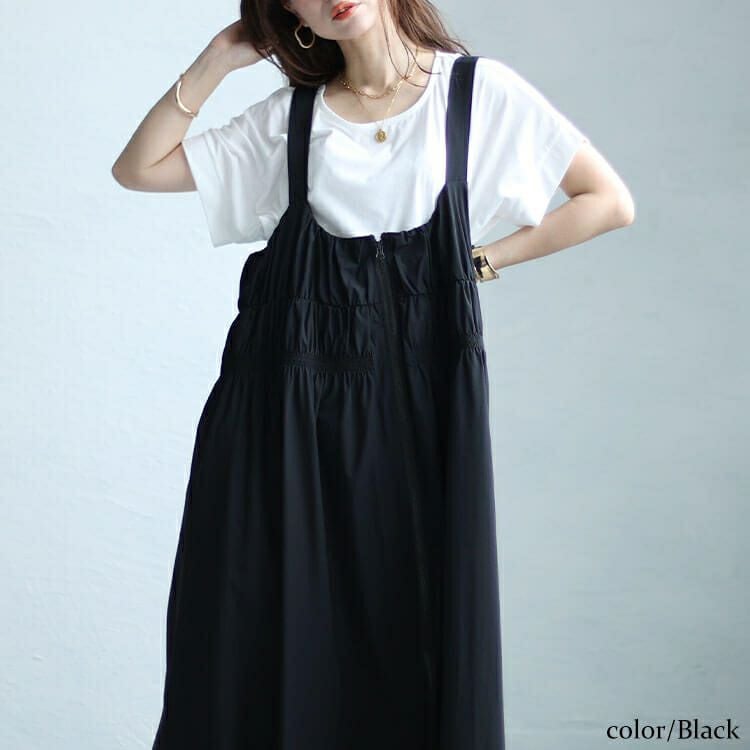 大きいサイズ レディース ジップシャーリングサロペットワンピース　sw-0604