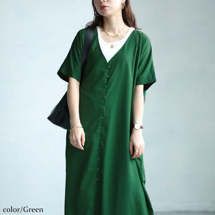 大きいサイズ レディース Vネックワイドロングワンピース　sw-0603 グリーン