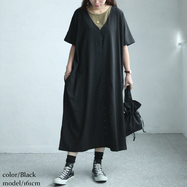 大きいサイズ レディース Vネックワイドロングワンピース　sw-0603 ブラック