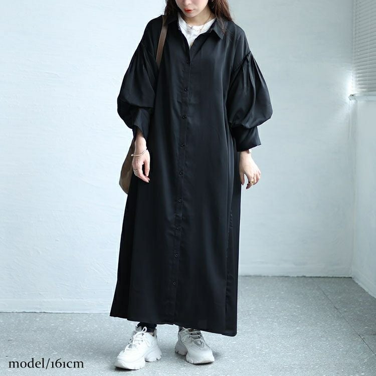 大きいサイズ レディース バルーンスリーブロングシャツワンピース　nw-24008