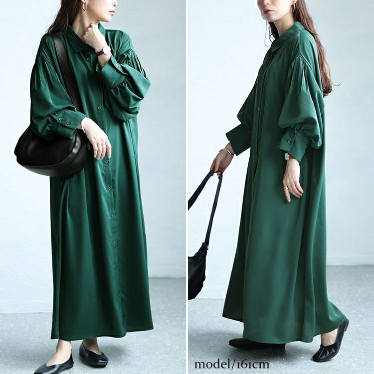 大きいサイズ レディース バルーンスリーブロングシャツワンピース　nw-24008