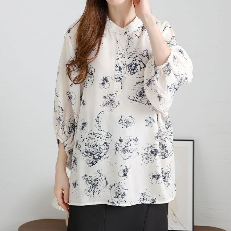 大きいサイズ レディース スタンドカラー花柄シアーブラウス　goldy-1454 【メール便可】