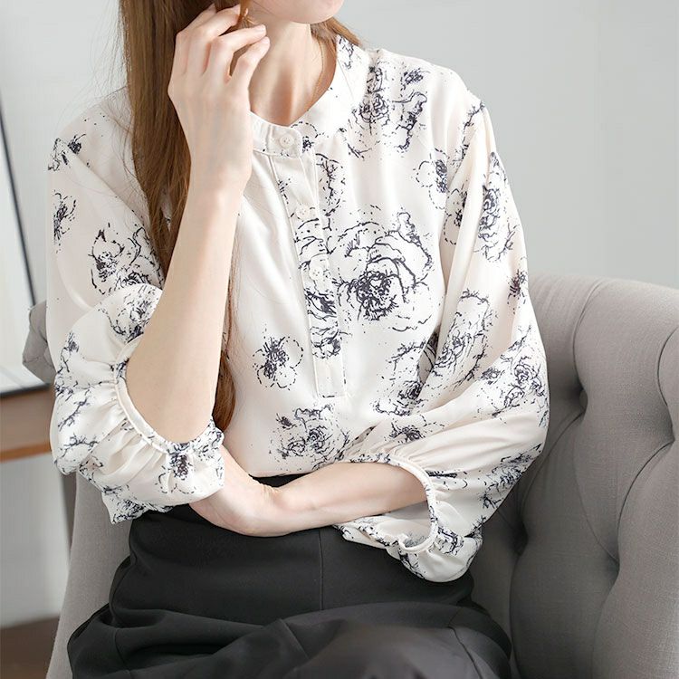 大きいサイズ レディース スタンドカラー花柄シアーブラウス　goldy-1454 【メール便可】