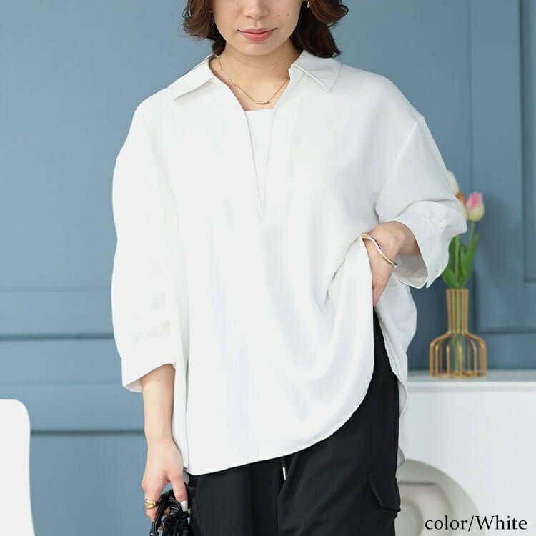 大きいサイズ レディース 接触冷感＆UVカットスキッパーサイドスリットブラウス　cpdai-640393