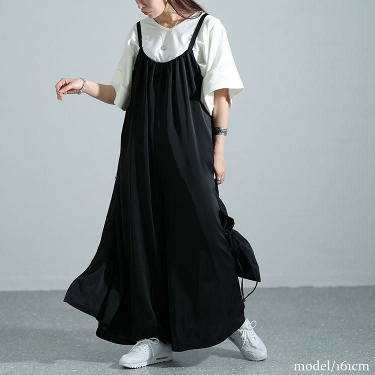 大きいサイズ レディース ギャザーワイドサロペットパンツ　nw-24007 ブラック