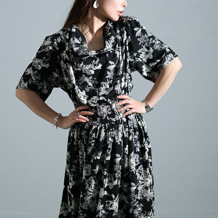 大きいサイズ レディース ドレープネックシャーリングウエスト花柄ワンピース　nw-24006