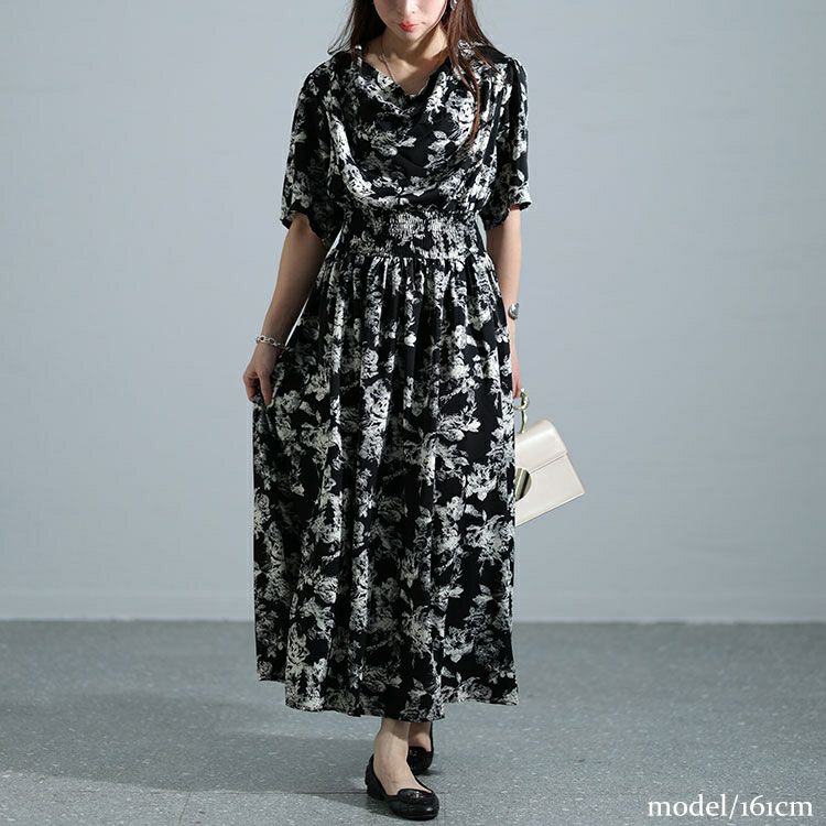 大きいサイズ レディース ドレープネックシャーリングウエスト花柄ワンピース　nw-24006
