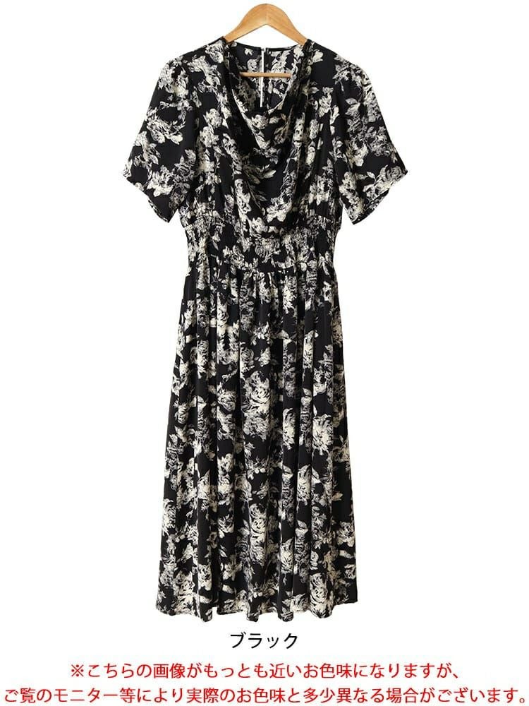 大きいサイズ レディース ドレープネックシャーリングウエスト花柄ワンピース　nw-24006