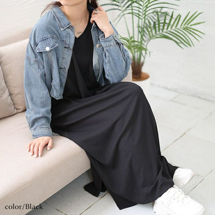 大きいサイズ レディース Vネックスリット入りワンピース　fem-443