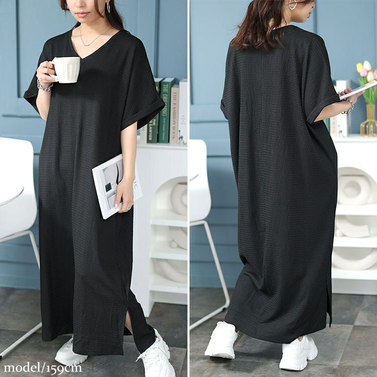 大きいサイズ レディース Vネックスリット入りワンピース　fem-443