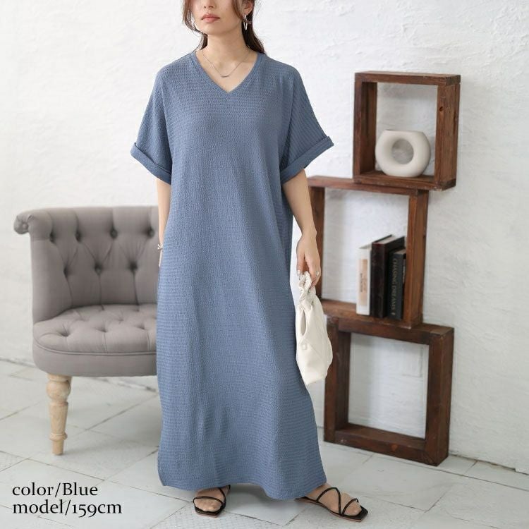 大きいサイズ レディース Vネックスリット入りワンピース　fem-443