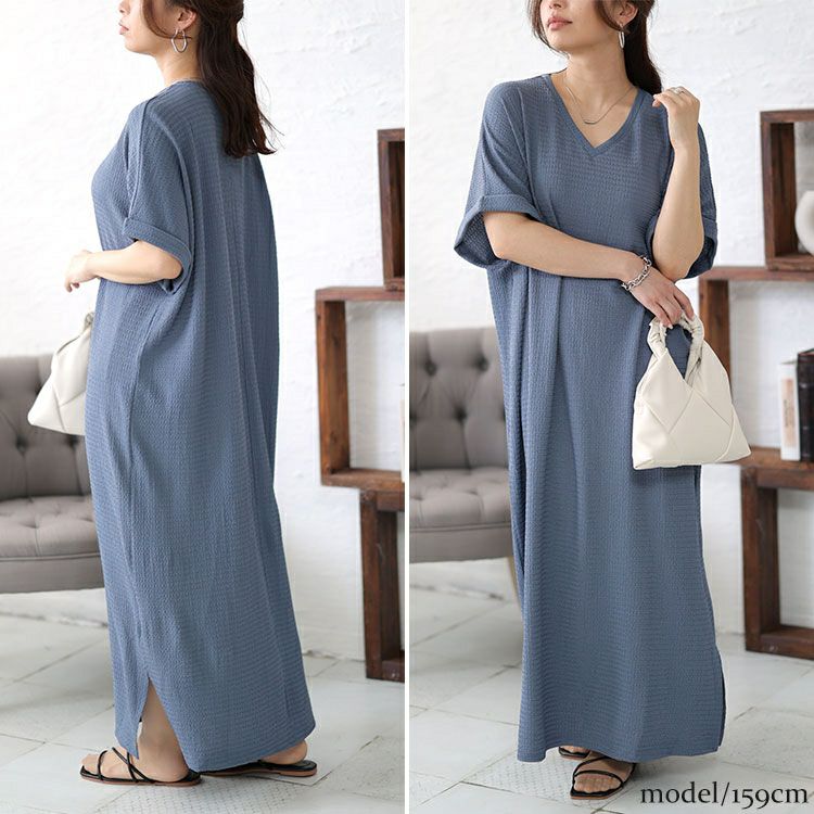 大きいサイズ レディース Vネックスリット入りワンピース　fem-443