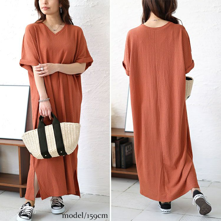 大きいサイズ レディース Vネックスリット入りワンピース　fem-443