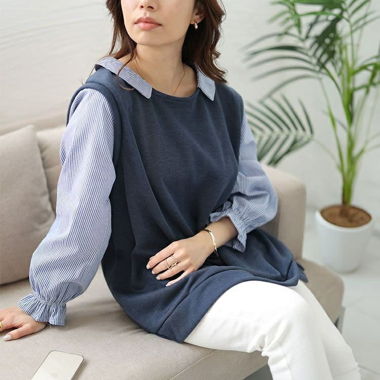 大きいサイズ レディース キャンディスリーブフェイクベストプルオーバー　cast-5542025